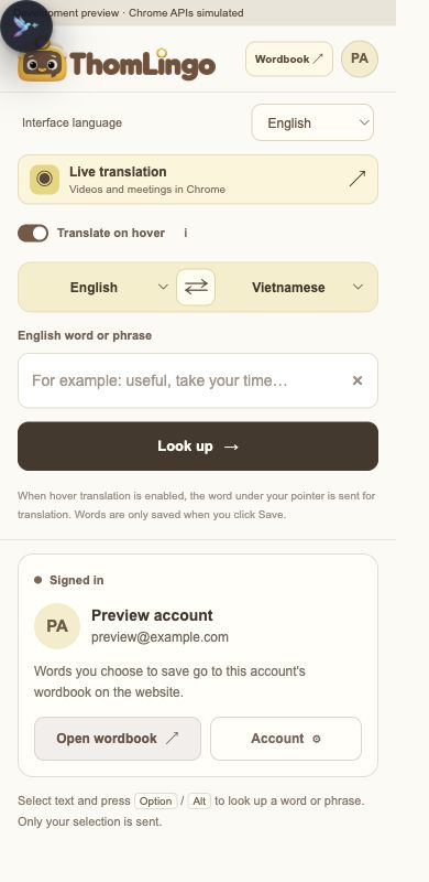 Extension interface preview with a sample account. The two arrows show the hover switch and language pair.