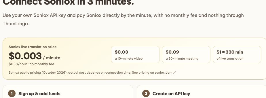 Current Connect Soniox page in a signed-out view. Sign in first; the key field is available for your account after sign-in.
