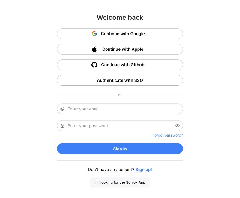 Public Soniox Console sign-in screen. No real email, password or API key is shown.