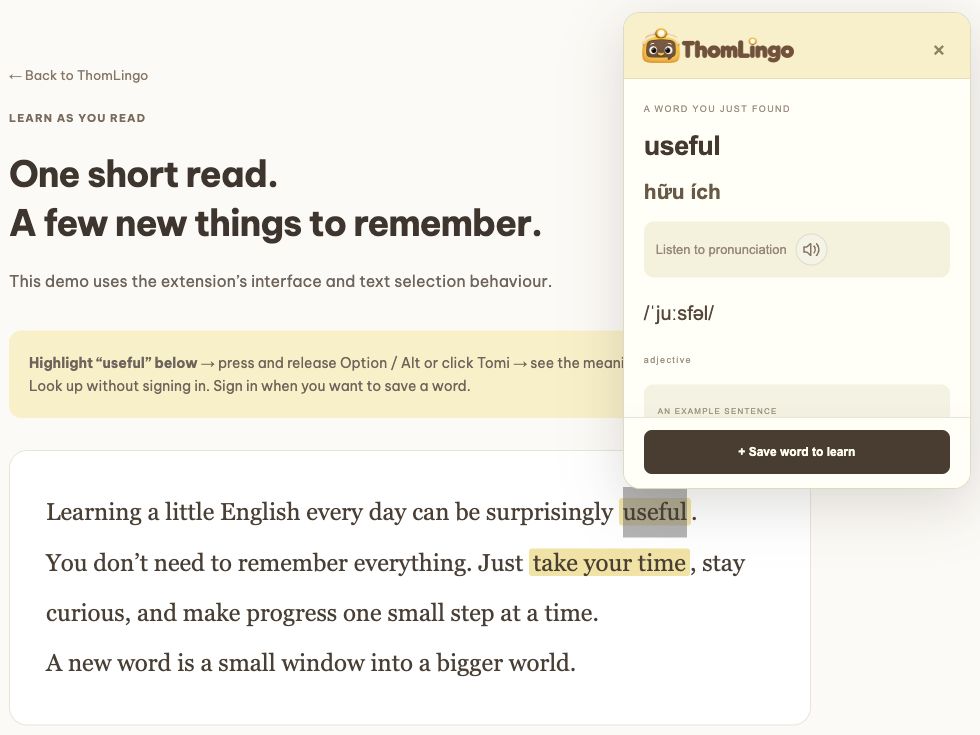 Actual lookup in the ThomLingo web demo, using the extension’s lookup interface. “Useful” is the selected example.