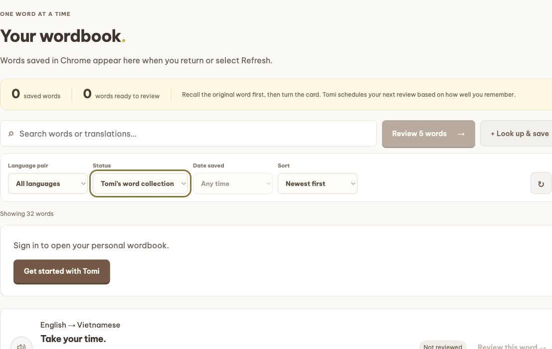 Guest view of the current wordbook with Tomi’s public sample collection. Sign in to review and keep your own progress.